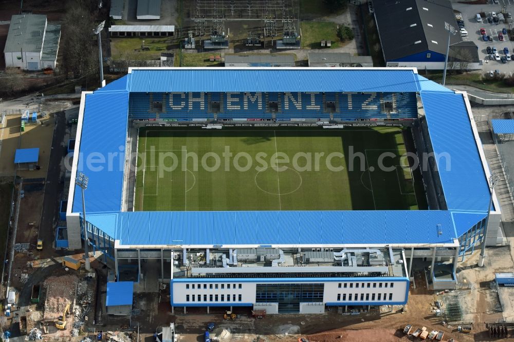 Chemnitz from above - Construction site of the football stadium of FC Chemnitz in Saxony