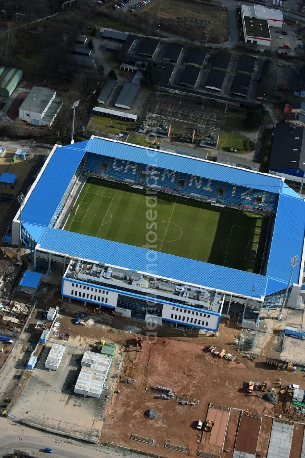 Chemnitz from the bird's eye view: Construction site of the football stadium of FC Chemnitz in Saxony