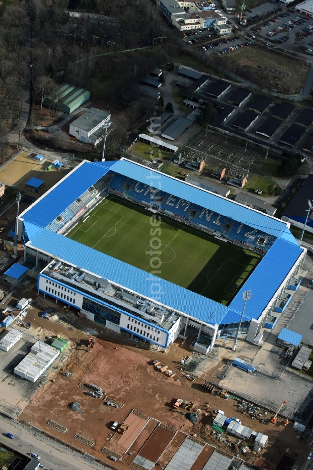 Aerial image Chemnitz - Construction site of the football stadium of FC Chemnitz in Saxony