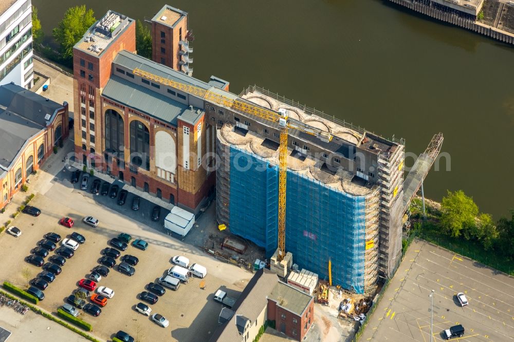 Aerial image Düsseldorf - Construction site for the conversion of the former Plange mill to an office and commercial building in Dusseldorf in the federal state of North Rhine-Westphalia, Germany