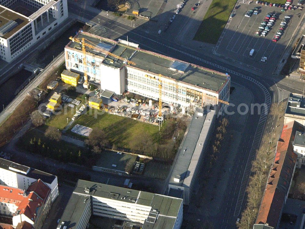 Berlin from above - Facade of the monument Staatsratsgebaeude of ESMT Berlin. The business school founded by business on Schlossplatz in the district Mitte in Berlin, Germany