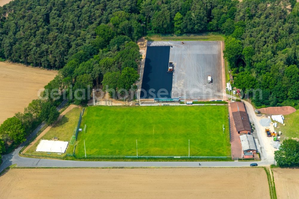 Haltern am See from the bird's eye view: Construction for the reconstruction of Fussballplatz SV Lippramsdorf 1958 e.V. on Jahnstrasse in Haltern am See in the state North Rhine-Westphalia, Germany