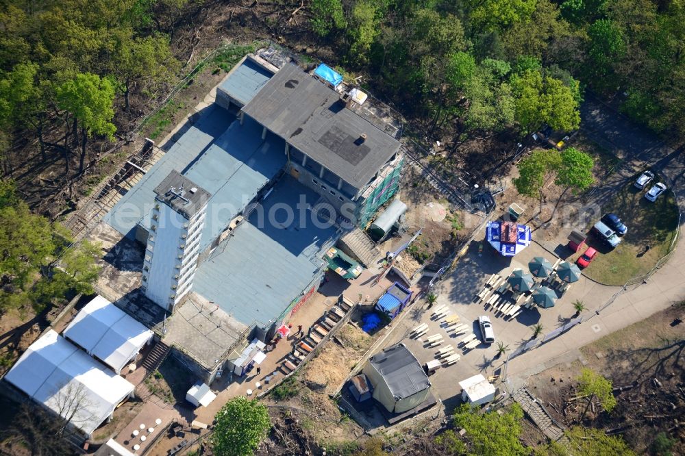 Aerial photograph Berlin - Site for the reconstruction of the tower- building ensemble of Mueggelturm in the forest Mueggelbergen Koepenick in Berlin