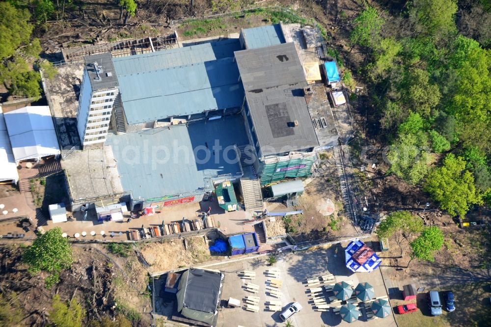 Berlin from above - Site for the reconstruction of the tower- building ensemble of Mueggelturm in the forest Mueggelbergen Koepenick in Berlin