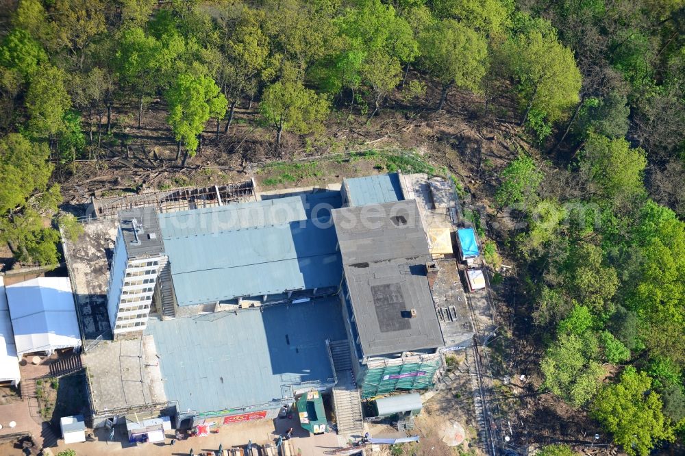 Aerial image Berlin - Site for the reconstruction of the tower- building ensemble of Mueggelturm in the forest Mueggelbergen Koepenick in Berlin