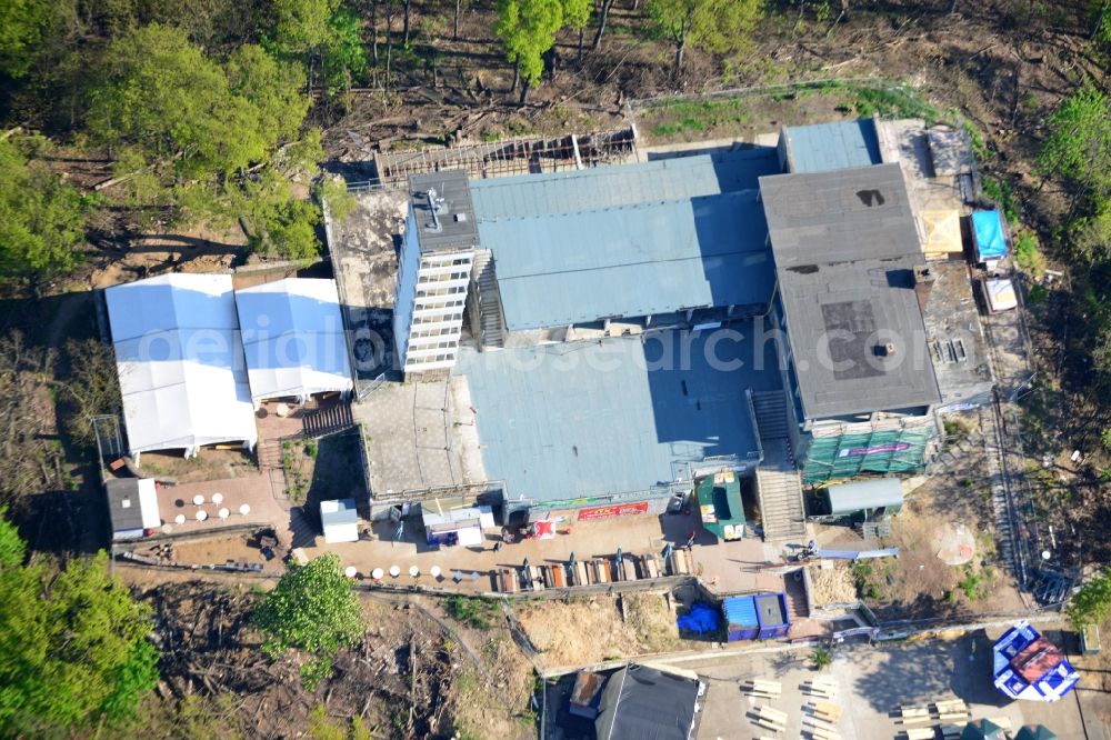 Aerial photograph Berlin - Site for the reconstruction of the tower- building ensemble of Mueggelturm in the forest Mueggelbergen Koepenick in Berlin