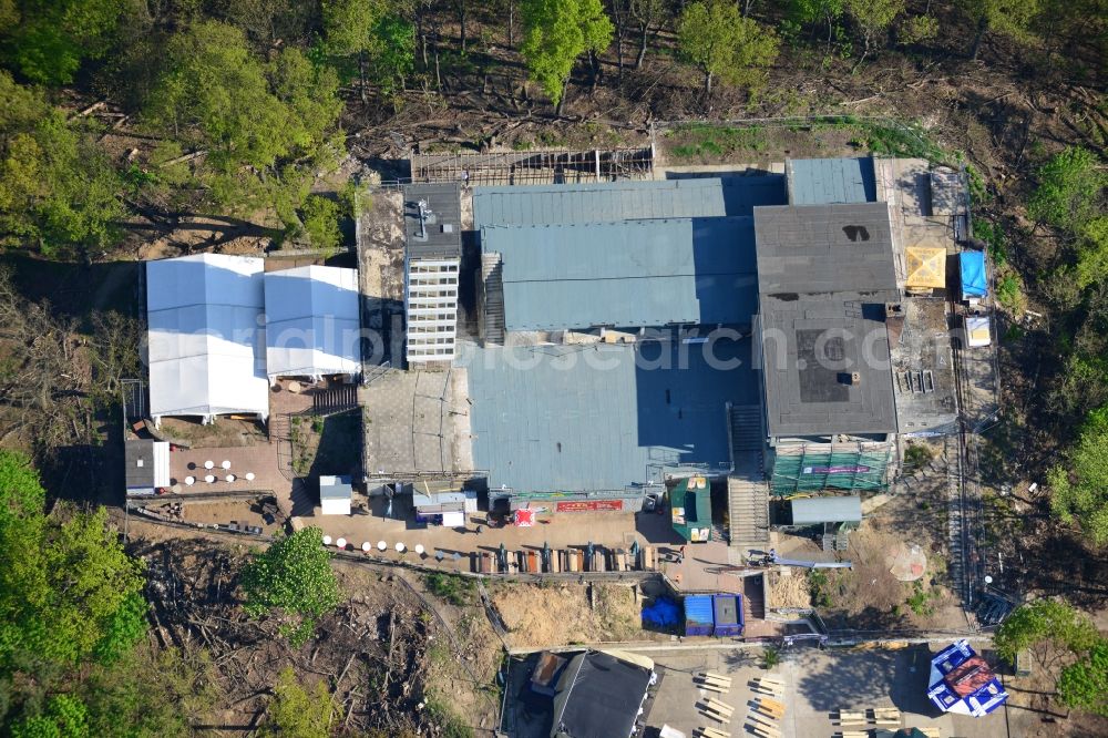 Berlin from the bird's eye view: Site for the reconstruction of the tower- building ensemble of Mueggelturm in the forest Mueggelbergen Koepenick in Berlin