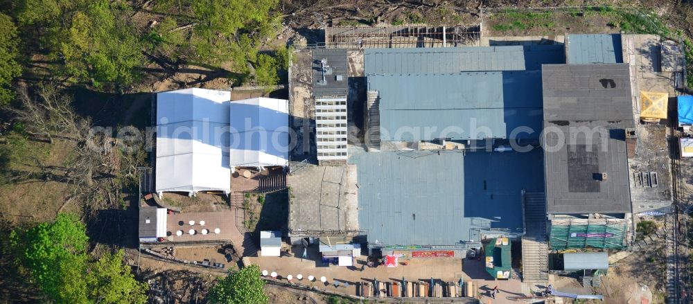 Aerial image Berlin - Site for the reconstruction of the tower- building ensemble of Mueggelturm in the forest Mueggelbergen Koepenick in Berlin