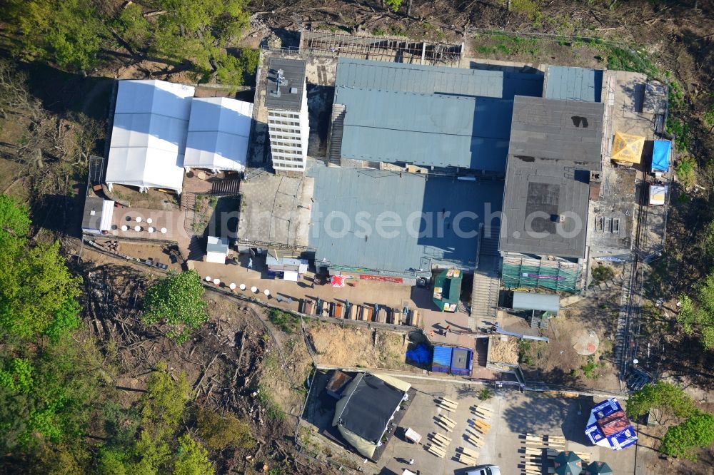 Aerial photograph Berlin - Site for the reconstruction of the tower- building ensemble of Mueggelturm in the forest Mueggelbergen Koepenick in Berlin