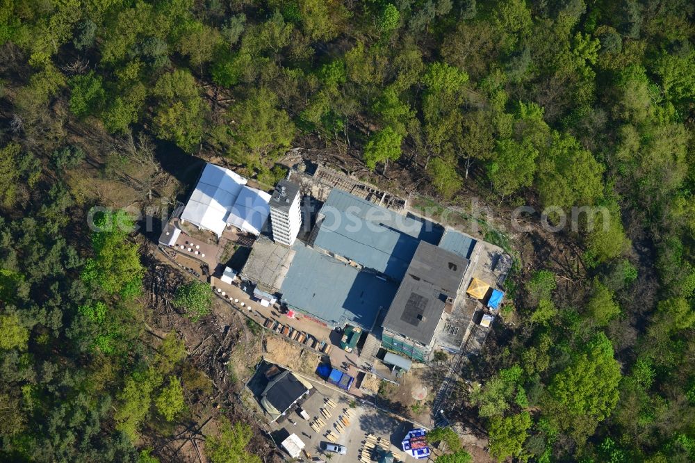 Berlin from above - Site for the reconstruction of the tower- building ensemble of Mueggelturm in the forest Mueggelbergen Koepenick in Berlin