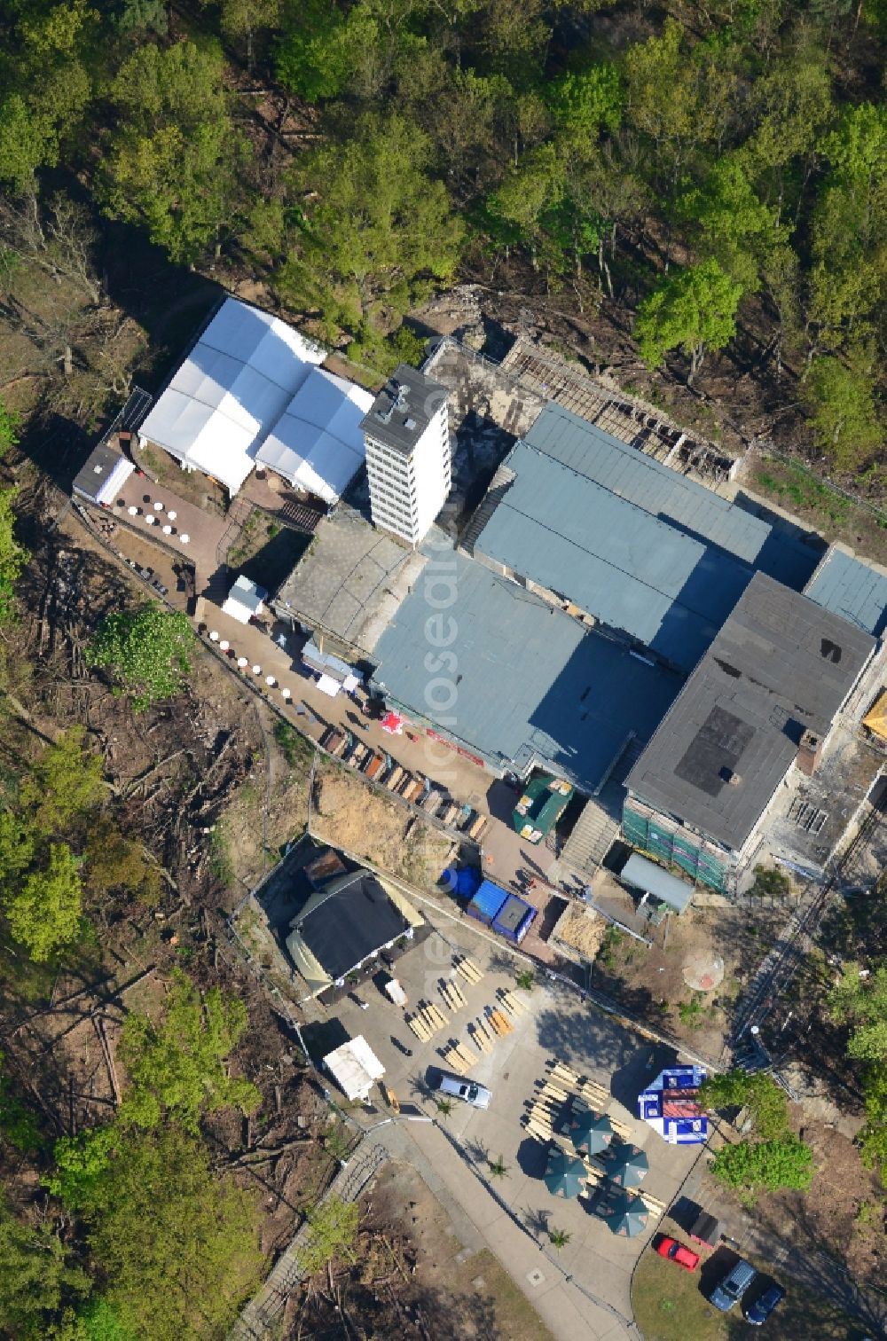 Berlin from the bird's eye view: Site for the reconstruction of the tower- building ensemble of Mueggelturm in the forest Mueggelbergen Koepenick in Berlin