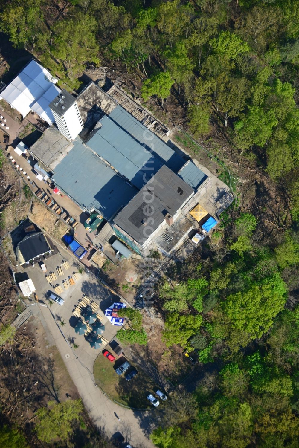 Aerial image Berlin - Site for the reconstruction of the tower- building ensemble of Mueggelturm in the forest Mueggelbergen Koepenick in Berlin