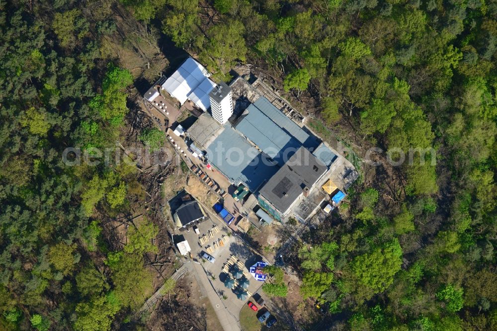 Berlin from above - Site for the reconstruction of the tower- building ensemble of Mueggelturm in the forest Mueggelbergen Koepenick in Berlin