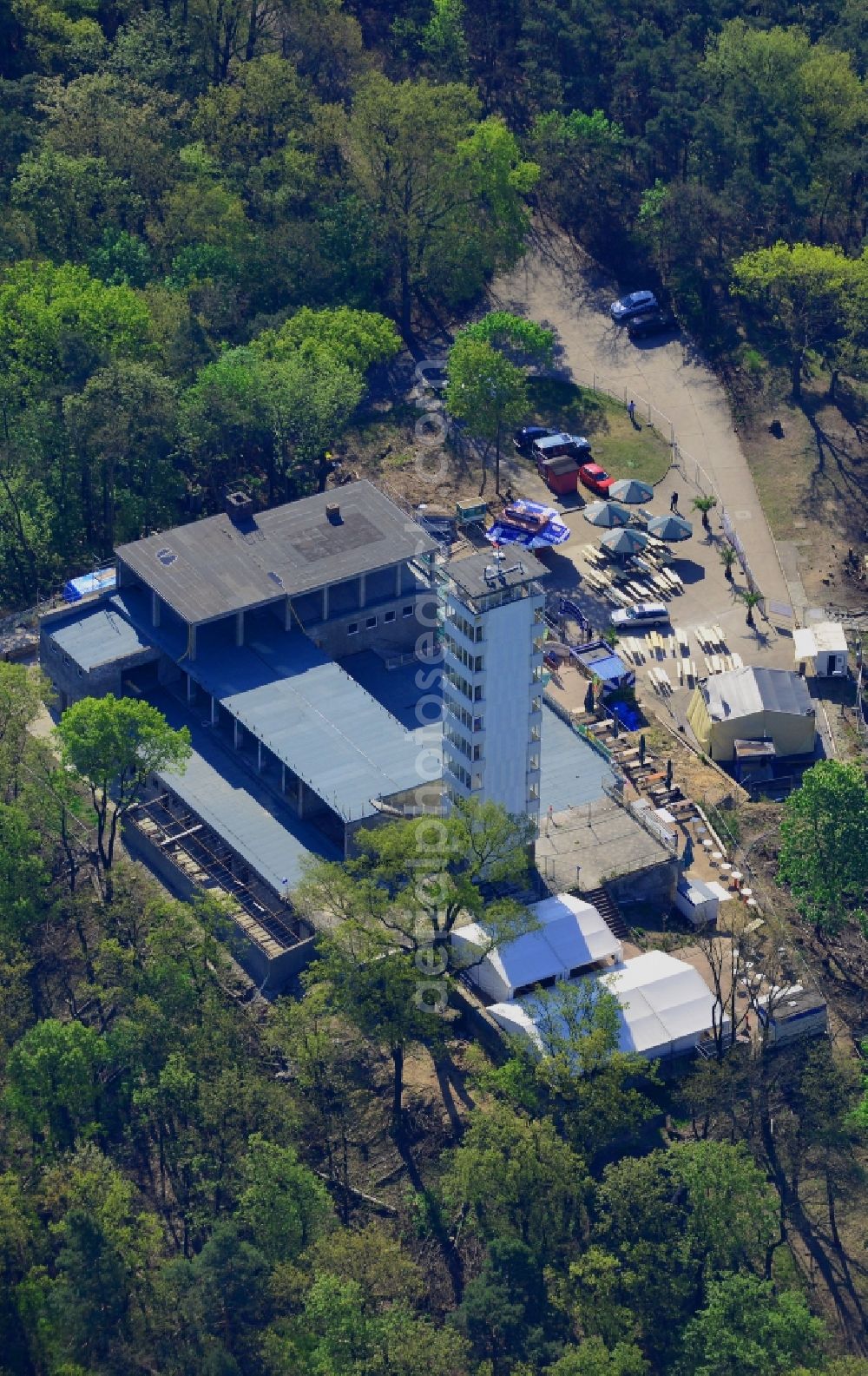 Aerial image Berlin - Site for the reconstruction of the tower- building ensemble of Mueggelturm in the forest Mueggelbergen Koepenick in Berlin