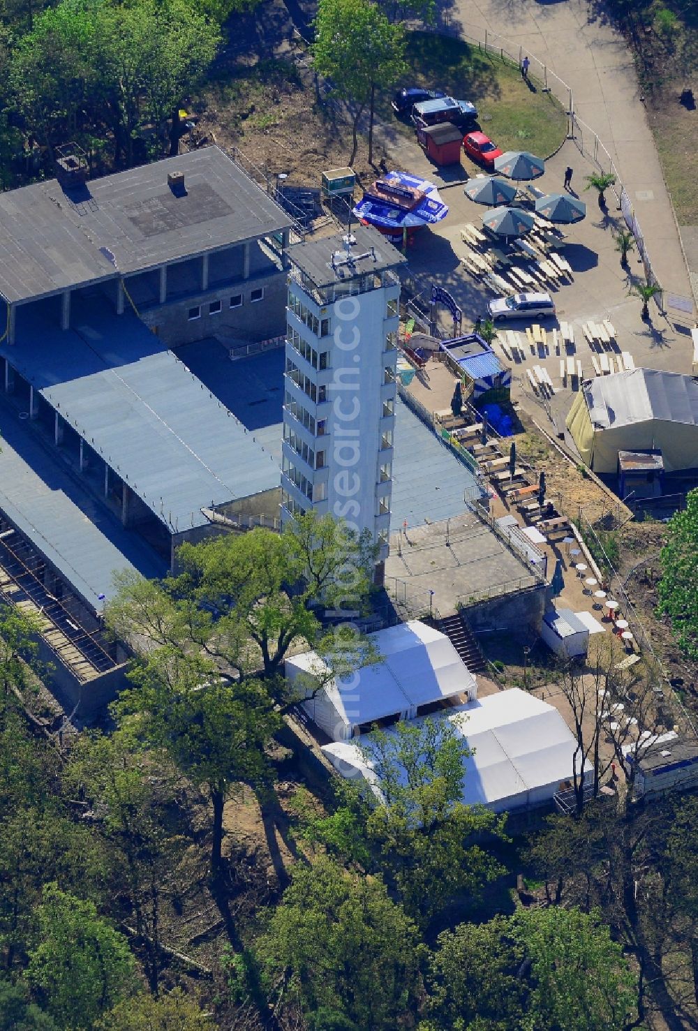 Aerial photograph Berlin - Site for the reconstruction of the tower- building ensemble of Mueggelturm in the forest Mueggelbergen Koepenick in Berlin