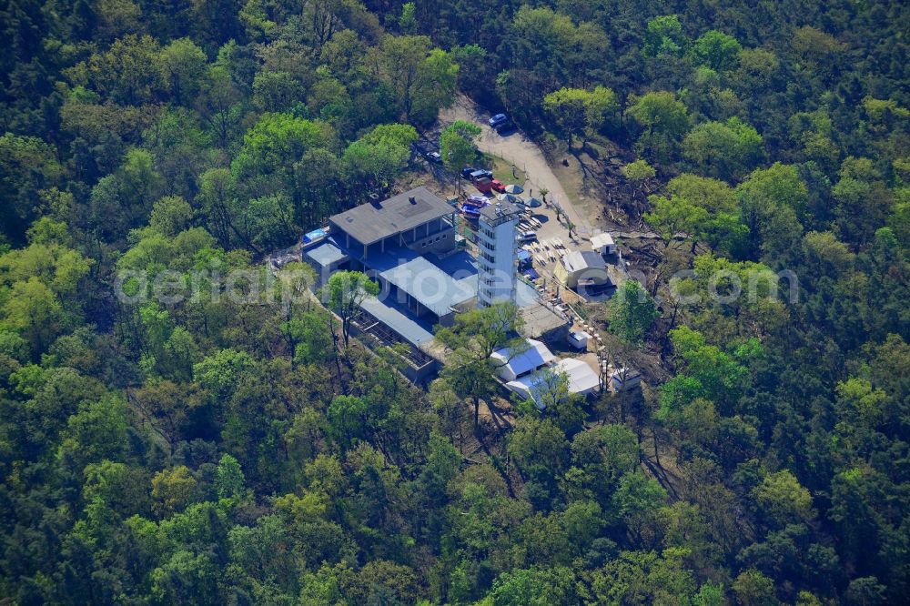 Berlin from above - Site for the reconstruction of the tower- building ensemble of Mueggelturm in the forest Mueggelbergen Koepenick in Berlin