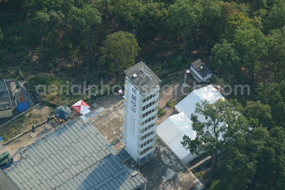 Aerial image Berlin - Site for the reconstruction of the tower- building ensemble of Mueggelturm in the forest Mueggelbergen Koepenick in Berlin