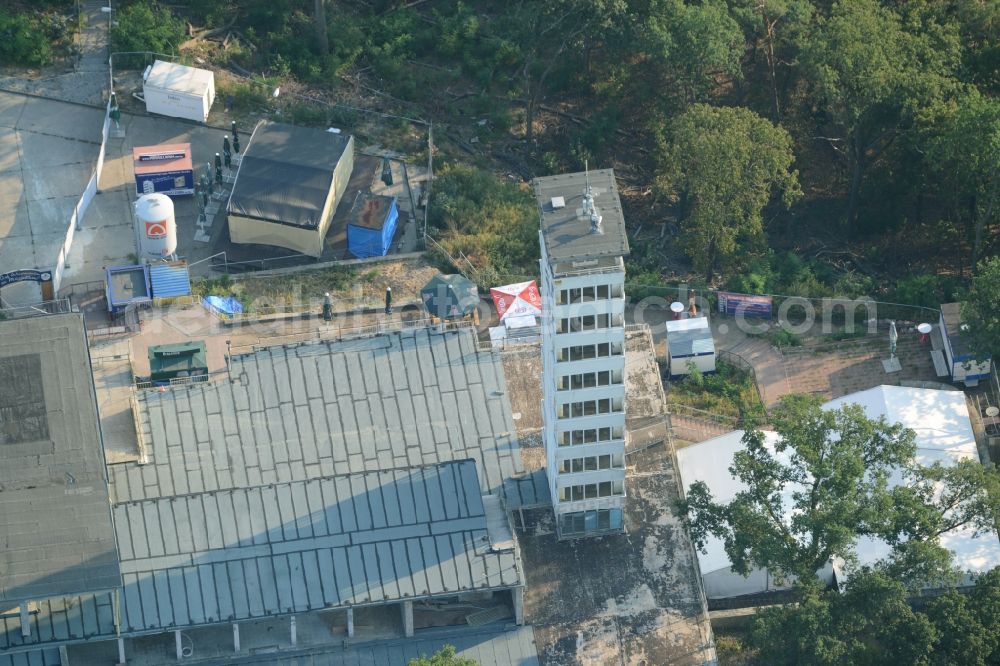 Aerial photograph Berlin - Site for the reconstruction of the tower- building ensemble of Mueggelturm in the forest Mueggelbergen Koepenick in Berlin