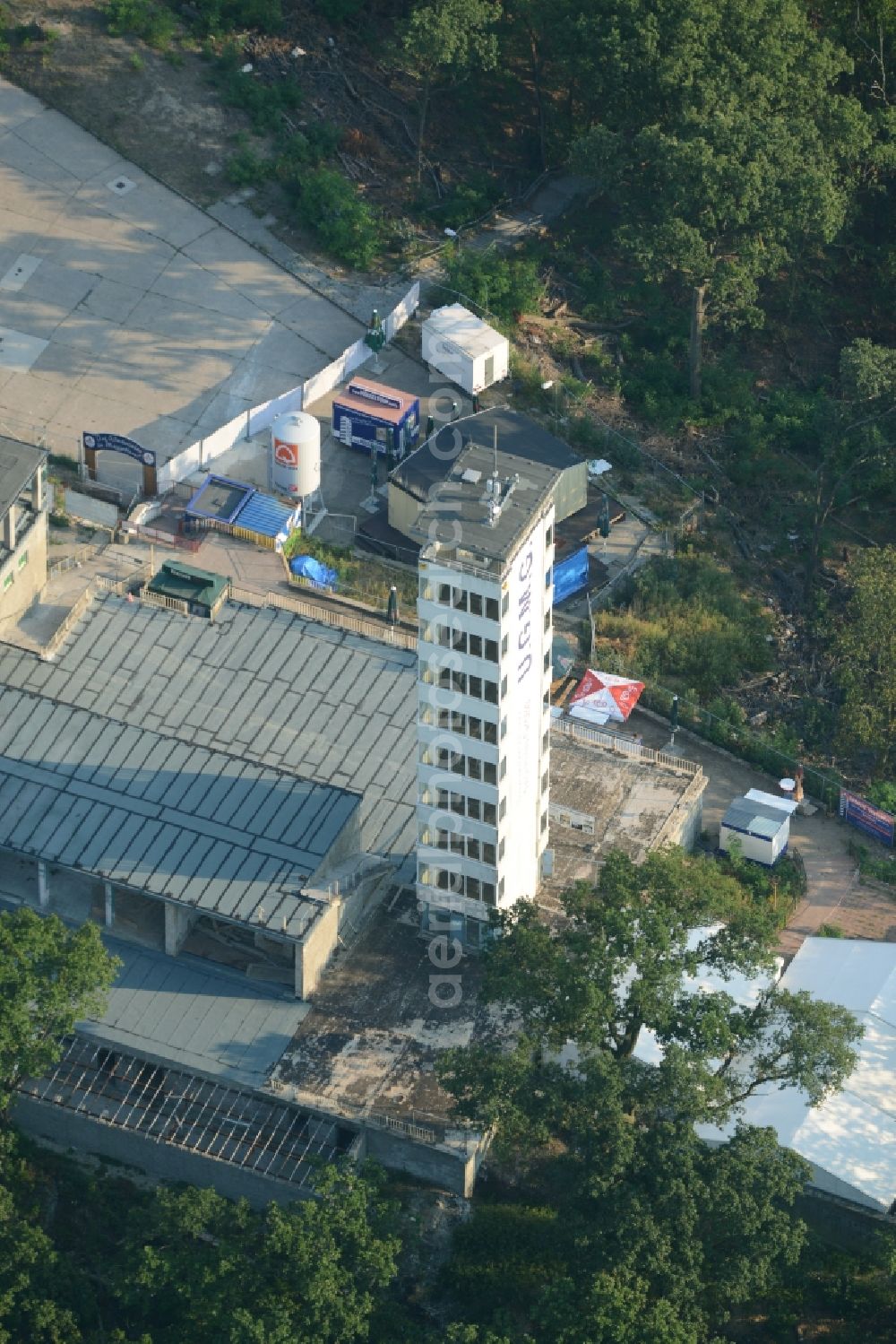 Berlin from the bird's eye view: Site for the reconstruction of the tower- building ensemble of Mueggelturm in the forest Mueggelbergen Koepenick in Berlin