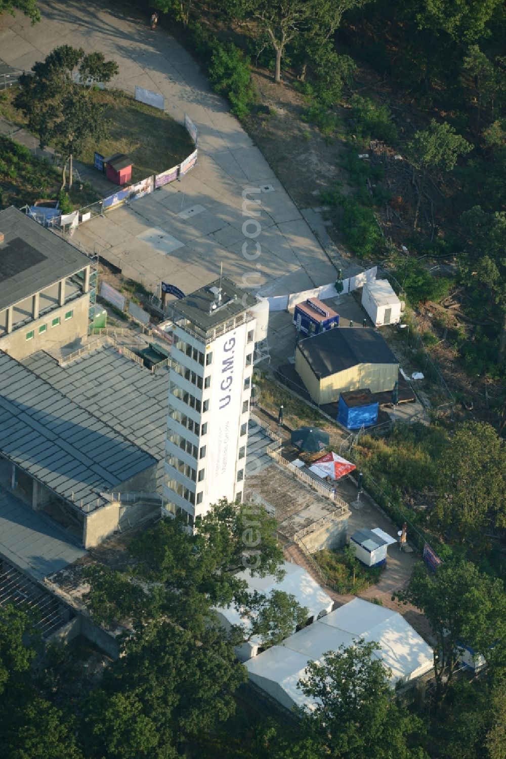 Aerial image Berlin - Site for the reconstruction of the tower- building ensemble of Mueggelturm in the forest Mueggelbergen Koepenick in Berlin