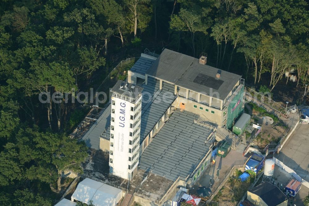 Berlin from above - Site for the reconstruction of the tower- building ensemble of Mueggelturm in the forest Mueggelbergen Koepenick in Berlin