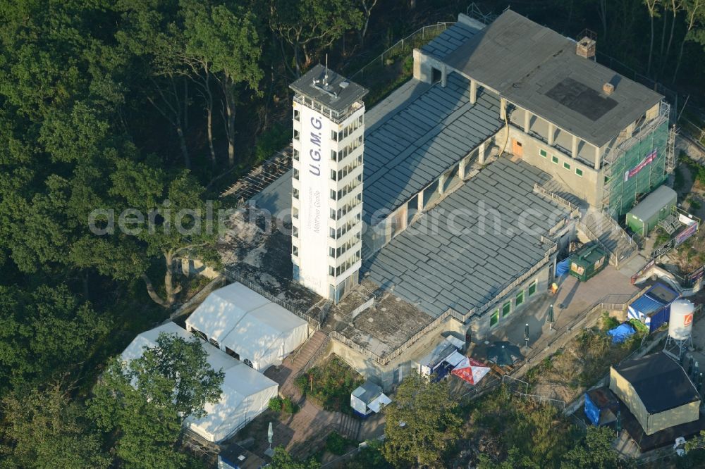 Berlin from the bird's eye view: Site for the reconstruction of the tower- building ensemble of Mueggelturm in the forest Mueggelbergen Koepenick in Berlin