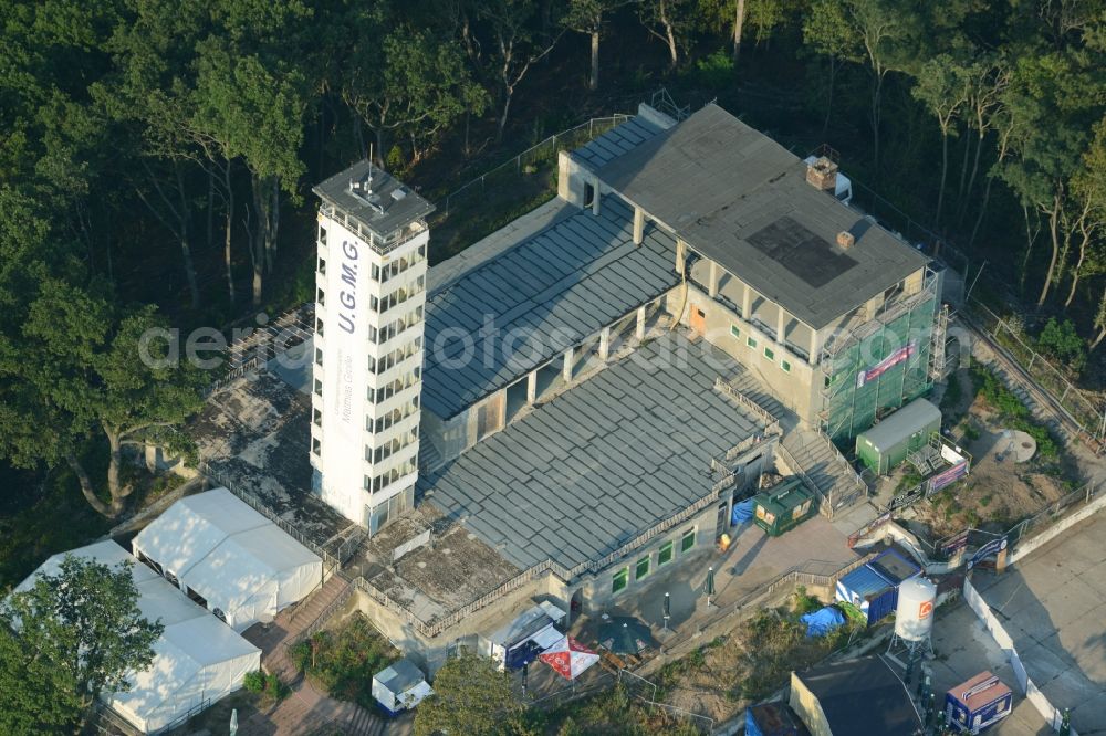 Aerial image Berlin - Site for the reconstruction of the tower- building ensemble of Mueggelturm in the forest Mueggelbergen Koepenick in Berlin