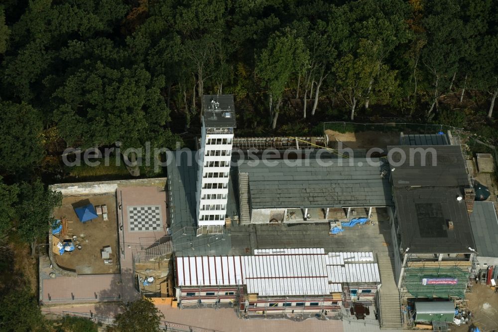 Aerial photograph Berlin - Site for the reconstruction of the tower- building ensemble of Mueggelturm in the forest Mueggelbergen Koepenick in Berlin