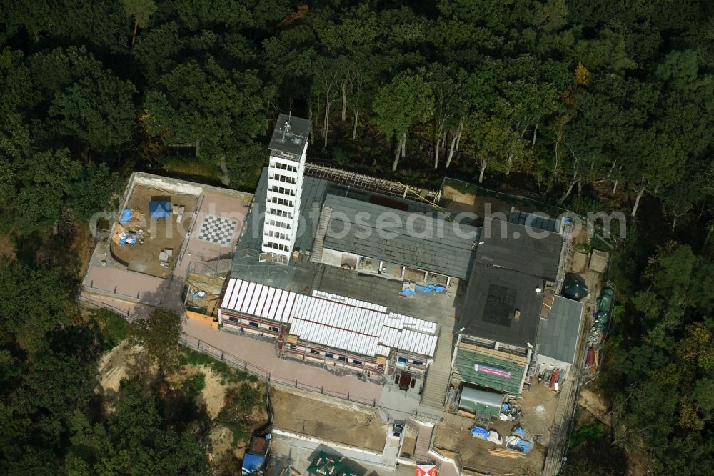 Berlin from the bird's eye view: Site for the reconstruction of the tower- building ensemble of Mueggelturm in the forest Mueggelbergen Koepenick in Berlin