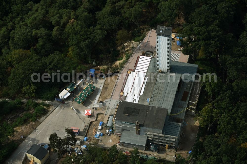 Berlin from above - Site for the reconstruction of the tower- building ensemble of Mueggelturm in the forest Mueggelbergen Koepenick in Berlin