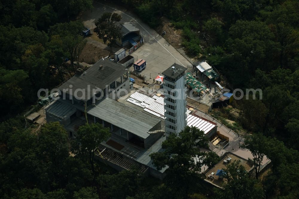 Berlin from above - Site for the reconstruction of the tower- building ensemble of Mueggelturm in the forest Mueggelbergen Koepenick in Berlin