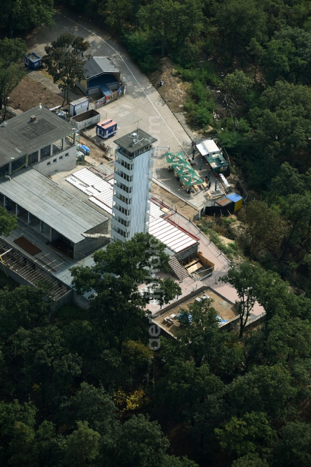 Berlin from the bird's eye view: Site for the reconstruction of the tower- building ensemble of Mueggelturm in the forest Mueggelbergen Koepenick in Berlin