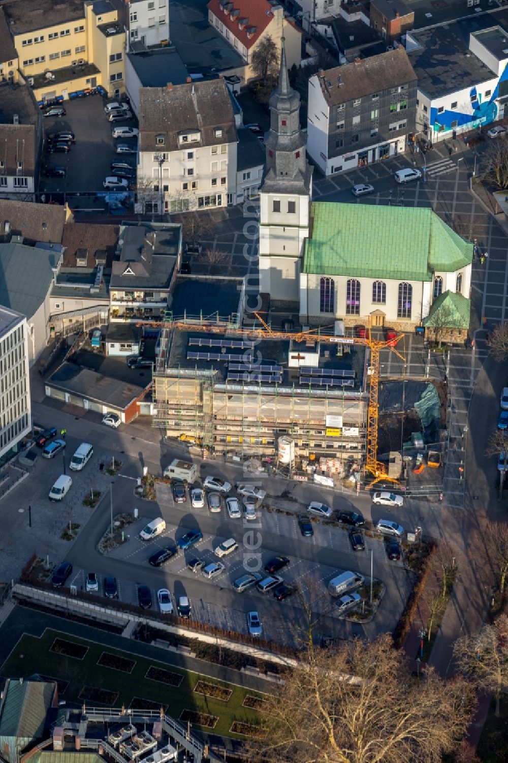 Aerial image Hamm - Construction for the reconstruction on Gebaeude of Kirchenbuero Evangelischer Kirchenkreis Honm on Suedenwall in Hamm in the state North Rhine-Westphalia, Germany