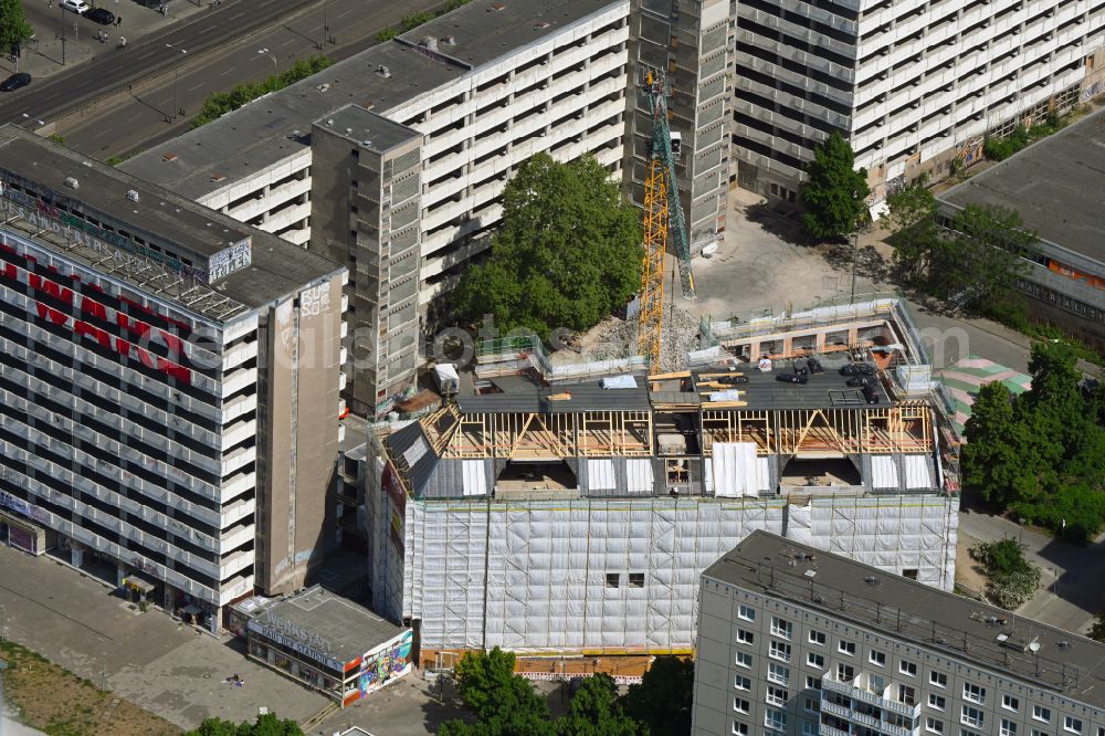 Aerial photograph Berlin - Construction for the reconstruction Haus of Gesundheit on street Karl-Marx-Allee in the district Mitte in Berlin, Germany