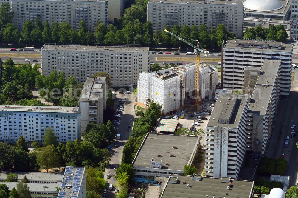 Aerial photograph Berlin - Construction for the reconstruction Haus of Gesundheit on street Karl-Marx-Allee in the district Mitte in Berlin, Germany