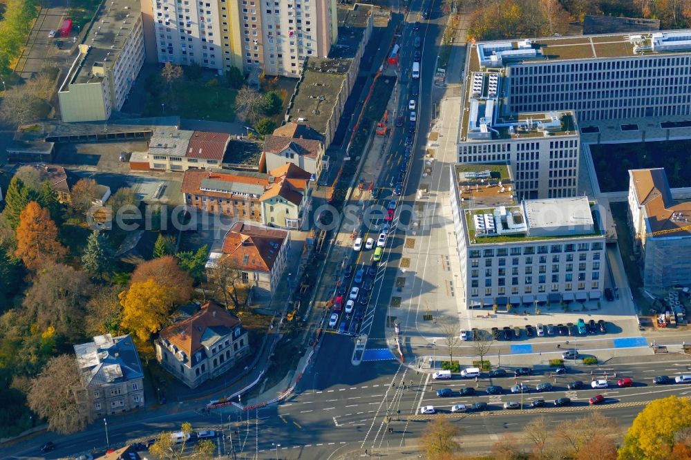 Göttingen from above - Construction site for the conversion of the intersection Groner Tor in the course of the construction of a new cycle path in Goettingen in the state Lower Saxony, Germany