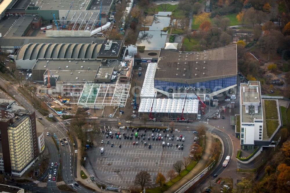 Essen from the bird's eye view: Construction for the reconstruction of the fairground in the Norbertstrasse in Essen in the state North Rhine-Westphalia