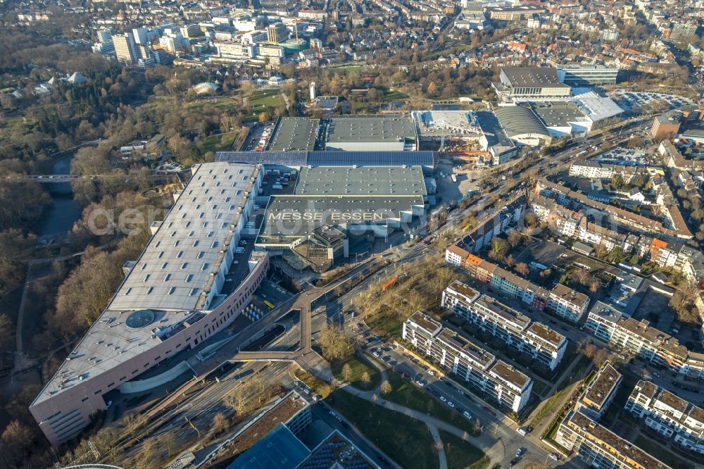 Essen from the bird's eye view: Construction for the reconstruction of the fairground in the Norbertstrasse in Essen in the state North Rhine-Westphalia