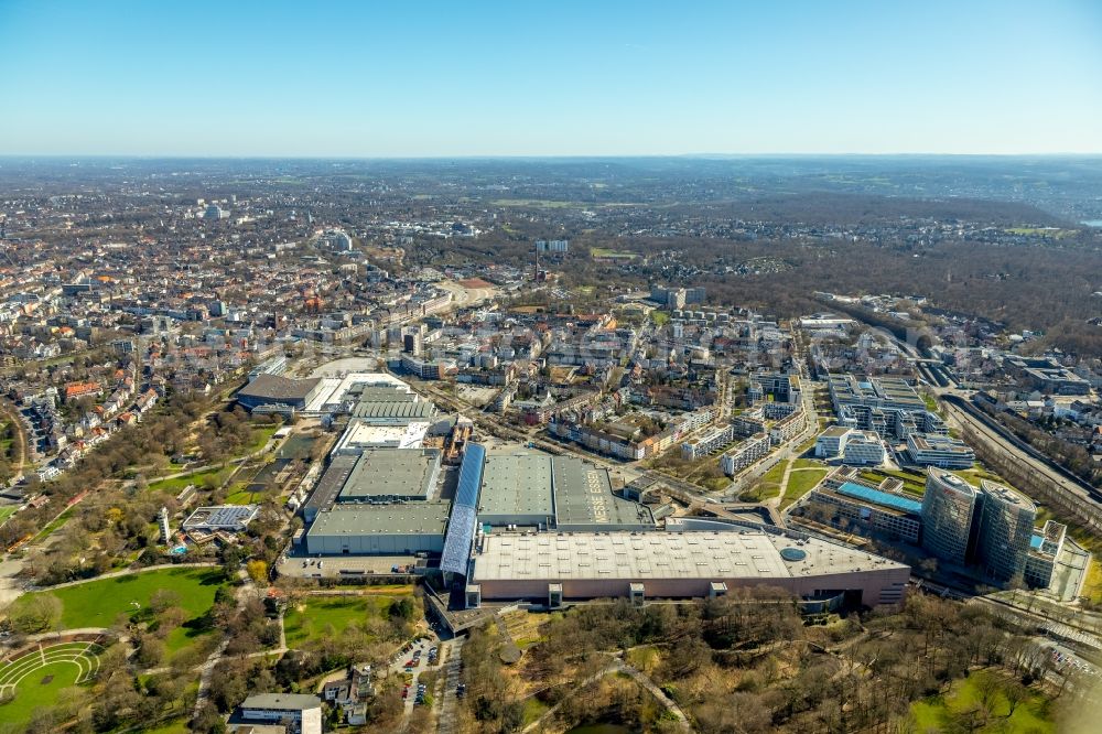 Essen from above - Construction for the reconstruction of the fairground in the Norbertstrasse in Essen in the state North Rhine-Westphalia