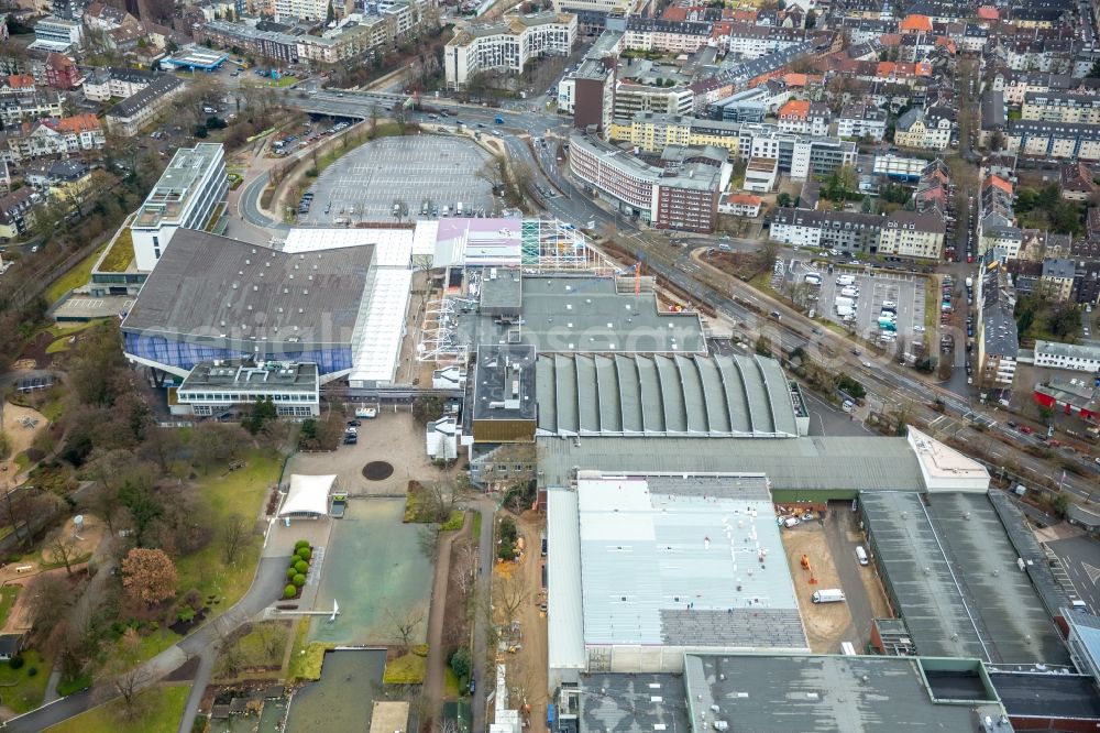 Essen from above - Construction for the reconstruction of the fairground in the Norbertstrasse overlooking the GRUGA-Halle on Messeplatz in Essen in the state North Rhine-Westphalia