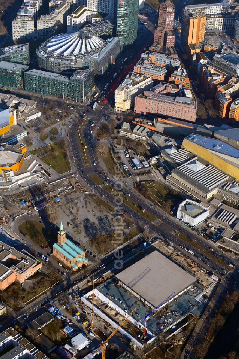 Berlin from above - Construction for the reconstruction of Neue Nationalgalerie on Potsdamer Strasse in Berlin, Germany