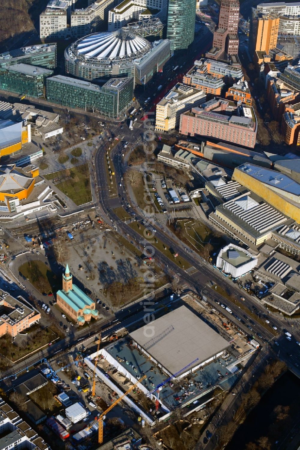 Berlin from the bird's eye view: Construction for the reconstruction of Neue Nationalgalerie on Potsdamer Strasse in Berlin, Germany