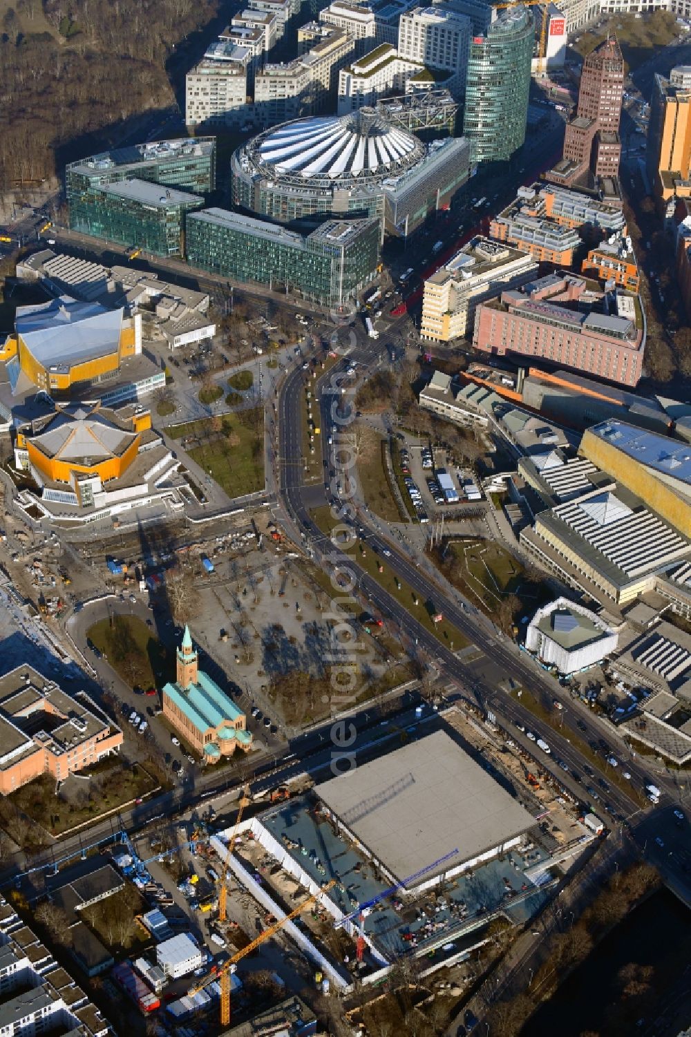 Aerial image Berlin - Construction for the reconstruction of Neue Nationalgalerie on Potsdamer Strasse in Berlin, Germany