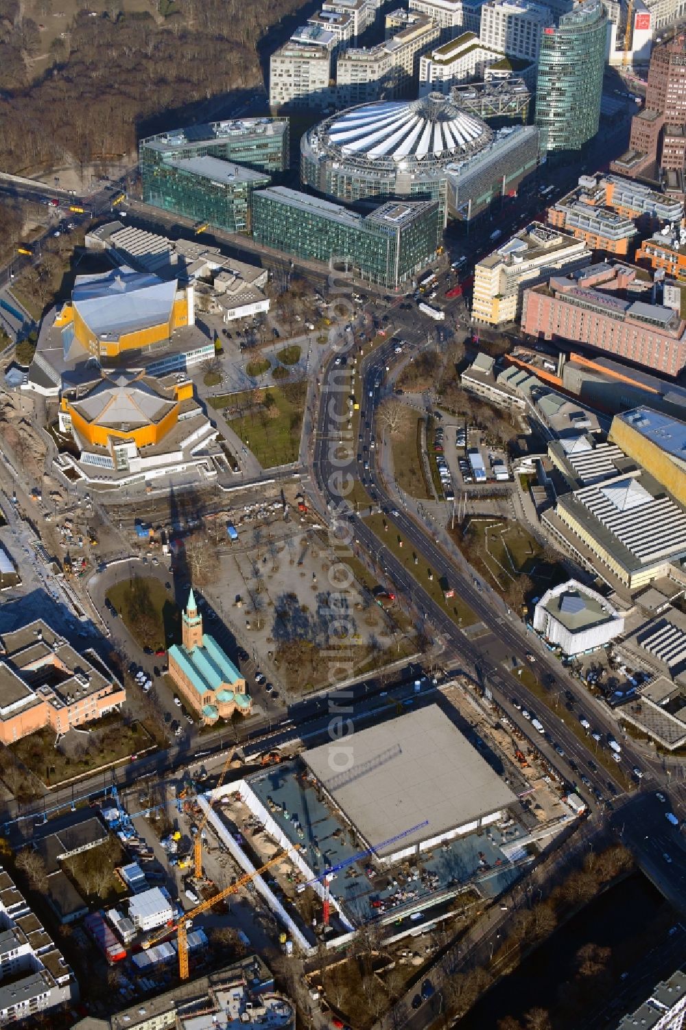 Aerial photograph Berlin - Construction for the reconstruction of Neue Nationalgalerie on Potsdamer Strasse in Berlin, Germany