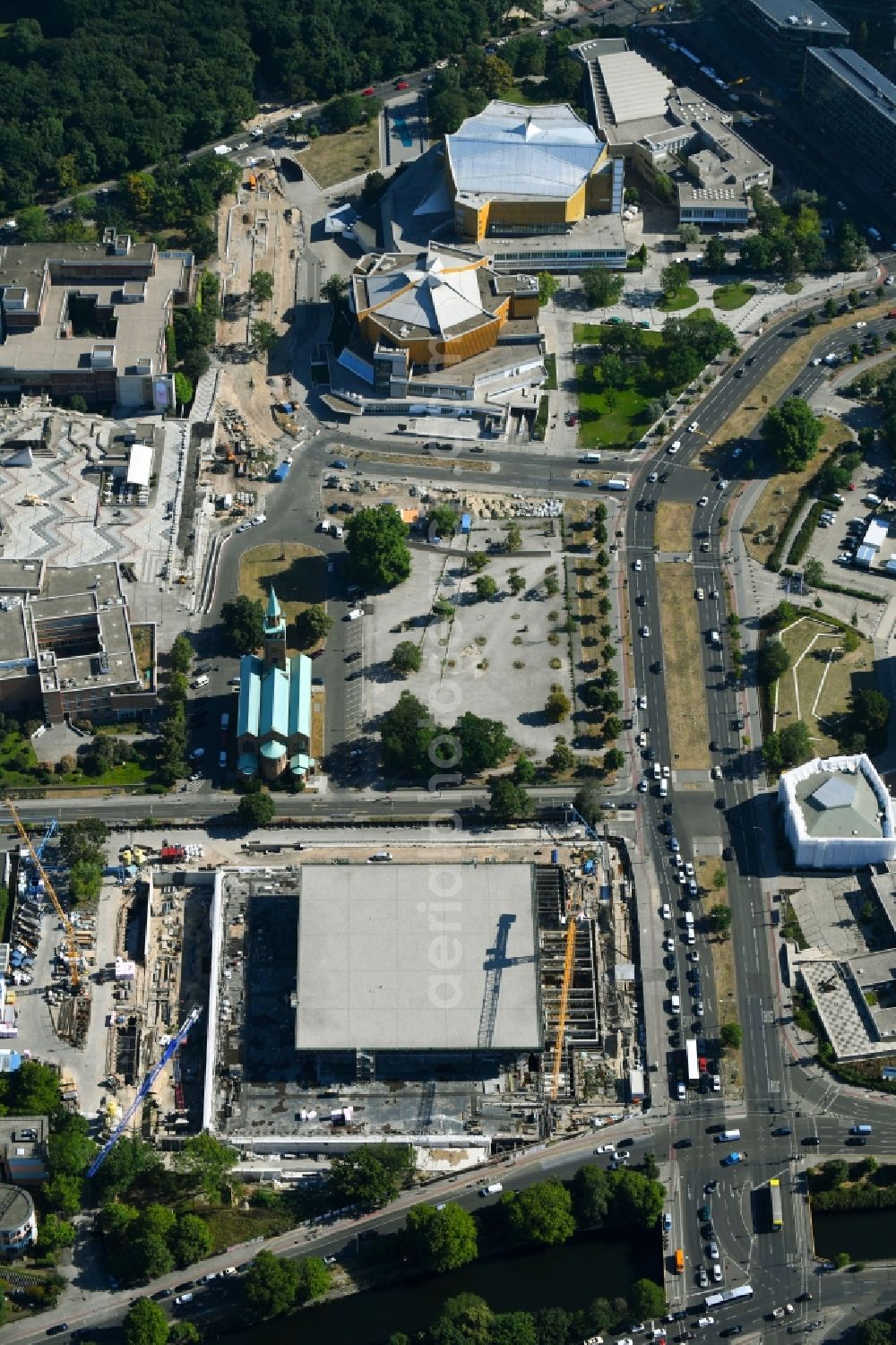 Berlin from above - Construction for the reconstruction of Neue Nationalgalerie on Potsdamer Strasse in Berlin, Germany