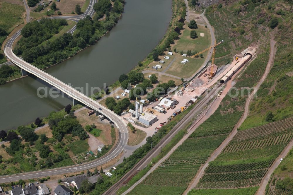 Ediger-Eller from above - Construction for the reconstruction of petersbergtunnel in Ediger-Eller at the Mosel in the state Rhineland-Palatinate, Germany