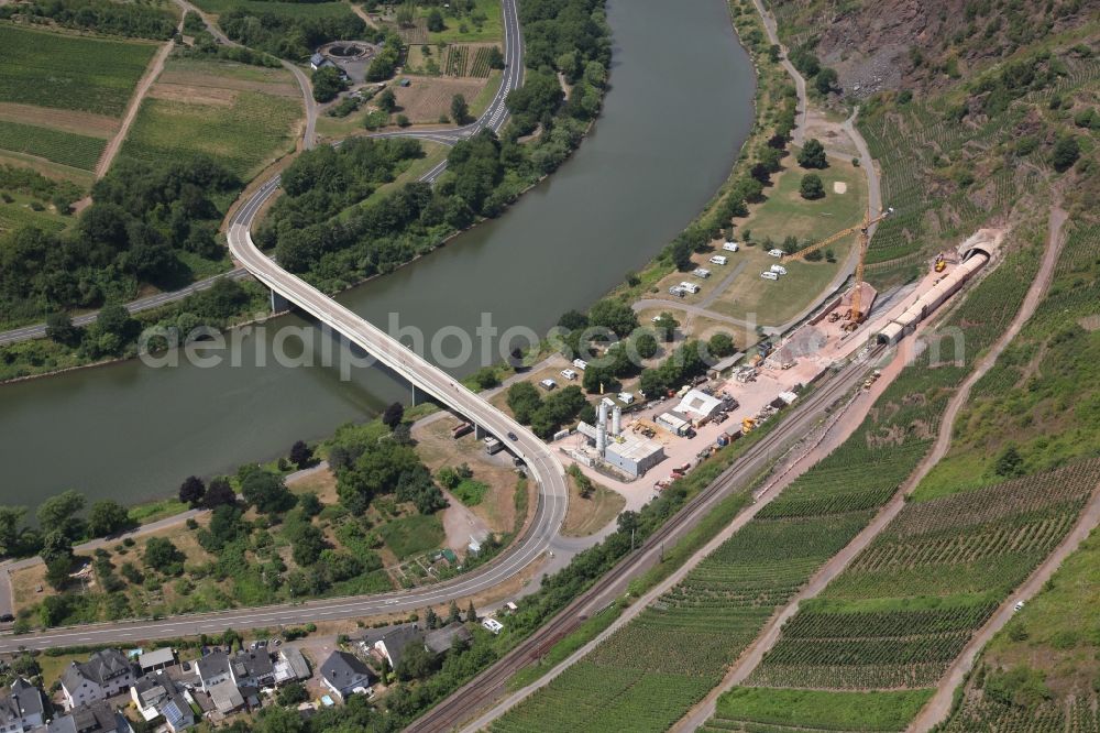 Ediger-Eller from the bird's eye view: Construction for the reconstruction of petersbergtunnel in Ediger-Eller at the Mosel in the state Rhineland-Palatinate, Germany