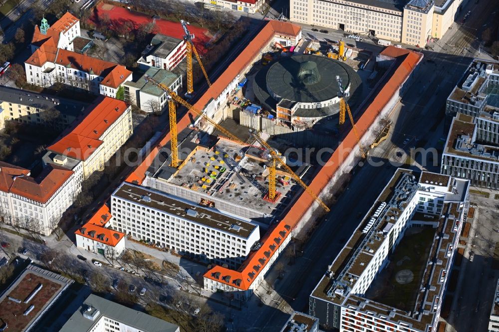 München from above - Construction for the reconstruction of Postpalast in ein Hotel on Arnulfstrasse in the district Maxvorstadt in Munich in the state Bavaria, Germany