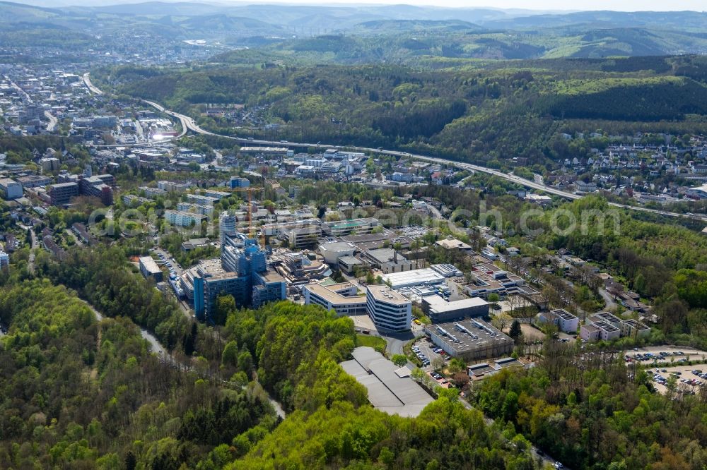 Siegen from the bird's eye view: Construction site for conversion with renovation work at the Universitaet Siegen in Siegen in the state of North Rhine-Westphalia, Germany