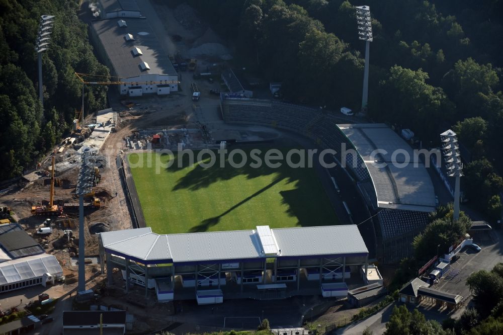 Aerial photograph Aue - Construction for the reconstruction of the Sparkassen-Erzgebirgsstadium of the FC Aue at the Auer Strasse in Aue in the state Saxony. building owner is the Erzgebirgskreis. The working group Stadium Aue includes ASSMANN BERATEN + PLANEN GmbH, Buero bpp, Inros Lackner and Phase 10